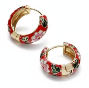 NWT Beautiful Boho Red & Pink Floral Hand Painted Gold Hoop Earrings!
